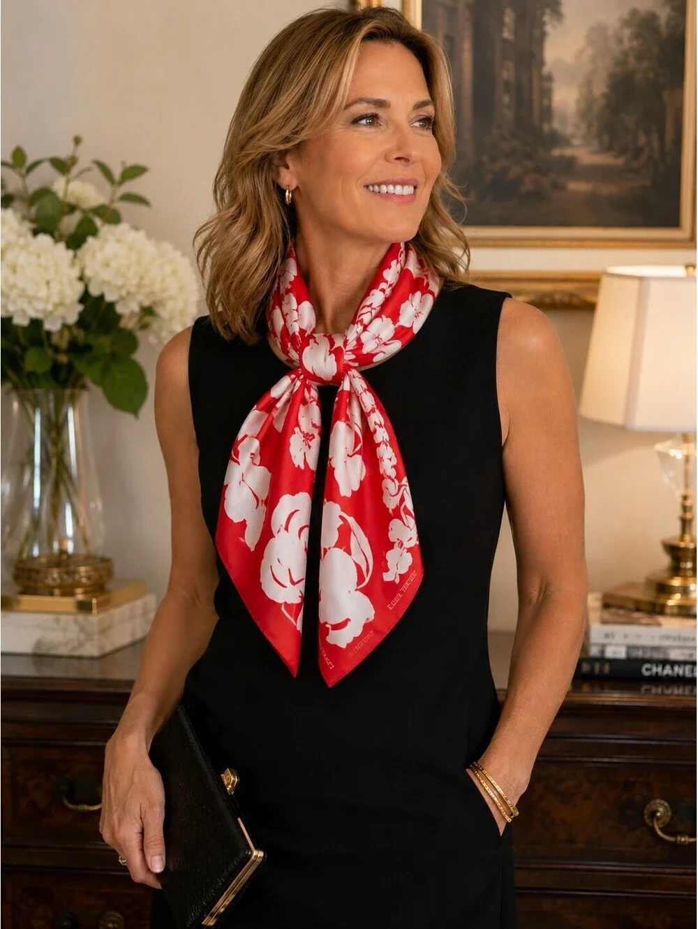 Vintage Ellen Tracy Red White Hibiscus Floral 100% Silk Square Scarf